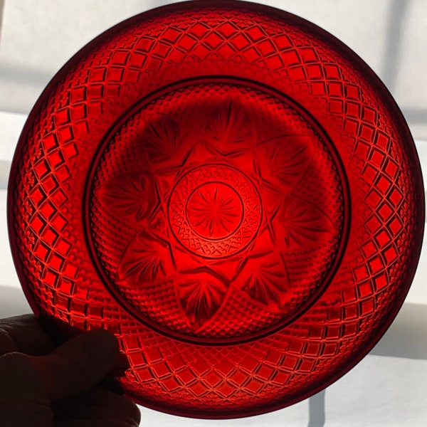 Antique Ruby luncheon plates by Cristal D'Arques-Durand, set of 4. Deep red pressed glass salad, lunch, or dessert plates.