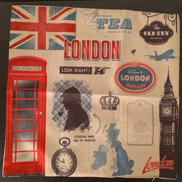 London themed pillow cover to make your own pillow. Sherlock Holmes, red phone box, Big Ben, Union Jack, pocket watch. Closes with zipper.