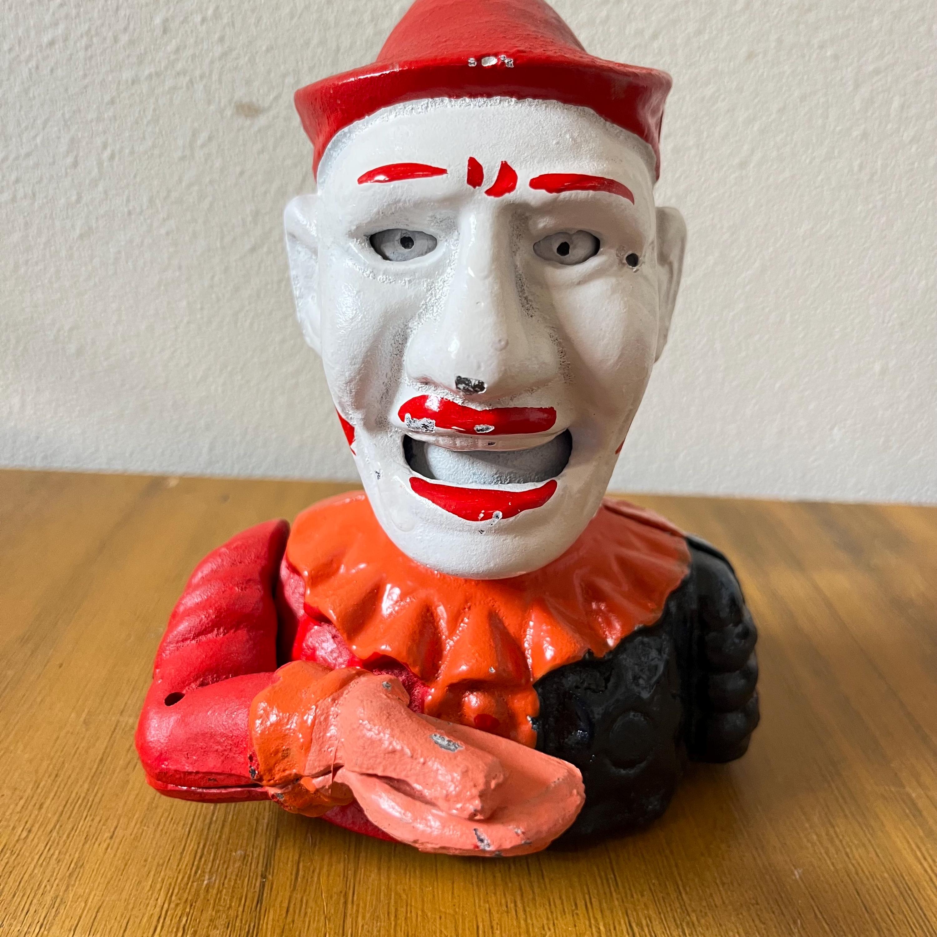 Vintage 1980s Cast Iron Mechanical Clown Bank – Circus Coin Bank