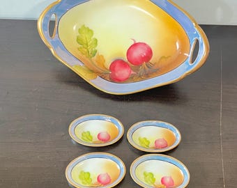 Antique Noritake Lusterware Radish Relish Tray Set with 4 Open Salts. Morimura Hand Painted Porcelain.