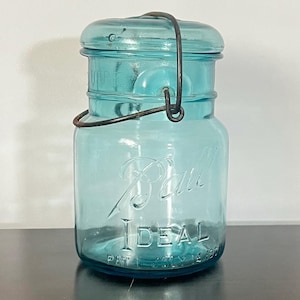Vintage blue Ball Ideal glass jar with bale and glass lid, early 20th century pint canning jar