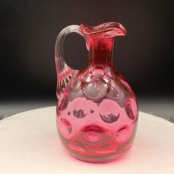 Vintage Fenton Cranberry Optic Dot cruet, beautiful cranberry pink color with applied clear handle.