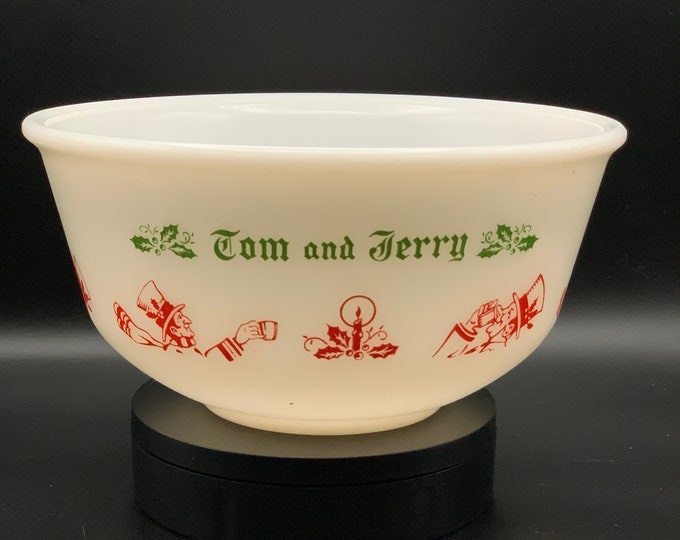 Five Piece Hazel Atlas Tom and Jerry Milk Glass Eggnog Set, Bowl With 4