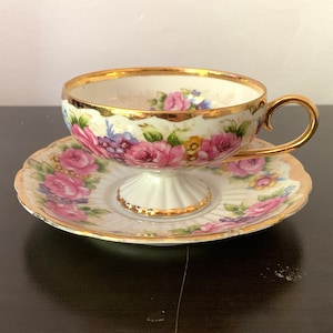 Vintage Rose and Gold Gilt Tea Cup and Saucer - Mid Century China Tea Set - Blue and Yellow Accent Flowers - Green Leaves