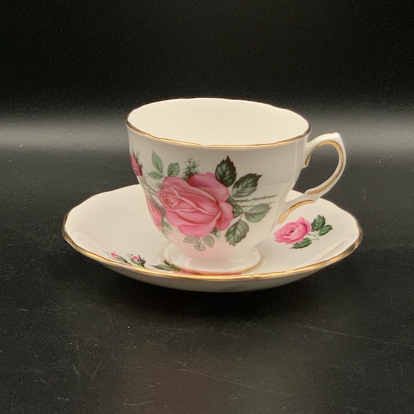 Royal Vale bone china Roses 7529 Cup and Saucer. Mid century pink roses with gold gilt and scalloped edges. Tea lover gift, special tea cup.