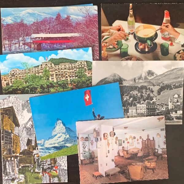 Travel postcards, over 30 midcentury souvenir postcards in original envelope. Switzerland, Austria, France, maybe other countries.