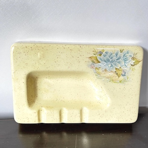 Ashtray with three ports, vintage Holland Mold ceramic rectangular ashtray, blue flowers with brown speckles, probably one of a kind