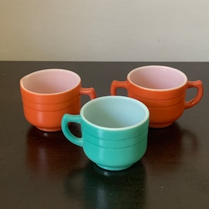 Hazel Atlas Moderntone Child&#39;s Tea Cups, Cream, Sugar Bowl - Two Brown Cups, One Turquoise Cup - 1950s Little Hostess Party Set Pieces