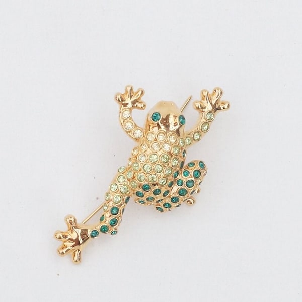 Frog pin by Monet, rhinestone frog brooch, vintage 1980s. Tonal green to clear, gold tone setting, signed, figural frog jewelry.
