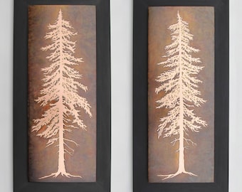 Copper Art, Etched Copper Pine Trees, Set of Two Small, Medium, or Large Framed Wall Art, made to order in the USA by daartshop