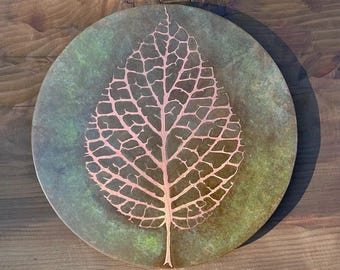 Copper Wall Art, Round Etched Leaf Skeleton, Green Copper Patina, Botanical Art made to order in the USA by daartshop