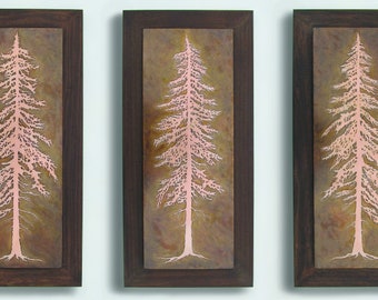 Copper Wall Art, Etched Copper Pine Trees, Framed Wall Art, Set of Three 13"x28", Botanical Nature Art made to order in the USA by daartshop