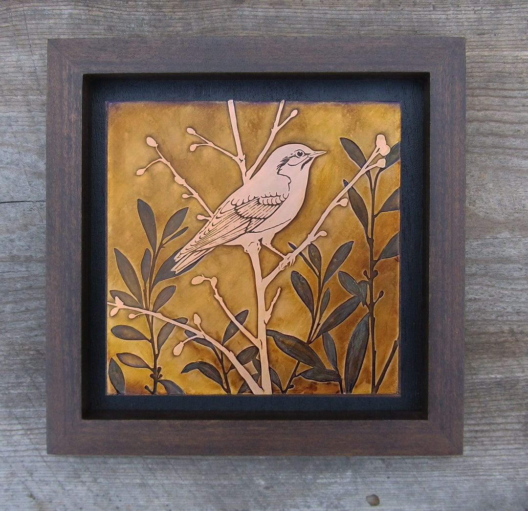 Copper Art, Etched Copper Bird in a Field Framed Wall Art With 8.5 or