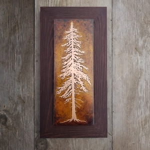 Copper Art, Etched Copper Pine Tree Framed Wall Art with 7.5"x15" or 13"x28" Rustic Cedar Frame, Wall Decor made to order by daartshop