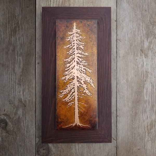 Copper Art, Etched Copper Pine Tree Framed Wall Art with 7.5"x15" or 13"x28" Rustic Cedar Frame, Wall Decor made to order by daartshop