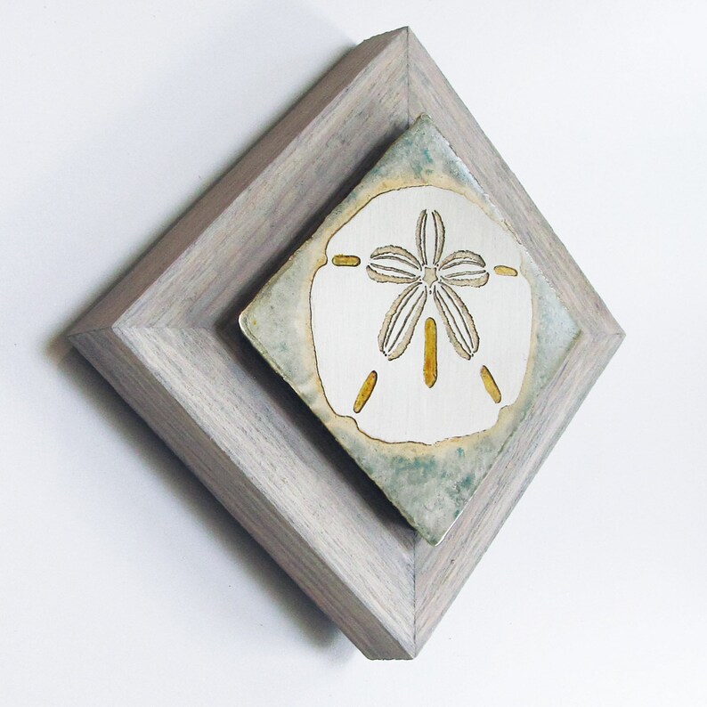 Metal Etched Sand Dollar 5.5 Square Rustic Cedar Framed Wall Art Etched Nickel Wall Decor by daartshop