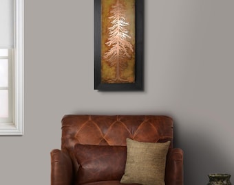 Copper Wall Art, Etched Copper Tall Pine Tree, Framed Wall Decor, Botanical Nature Art made to order in the USA by daartshop