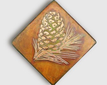 Copper Wall Art, Etched Copper Pinecone, Copper Patina, Botanical Nature Art made to order in the USA by daartshop