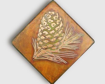 Copper Art, Etched Copper Pinecone Wall Art, Small and Large Copper Wall Art, Pinecone variety 1, made to order by daartshop