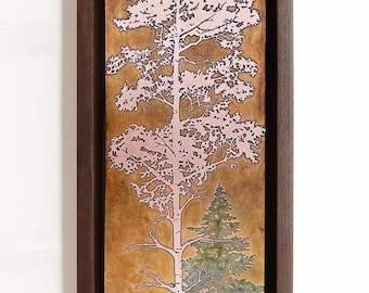 Copper Wall Art, Etched Copper Aspen Tree with Pine Tree, Framed Wall Decor, Botanical Nature Art made to order in the USA by daartshop