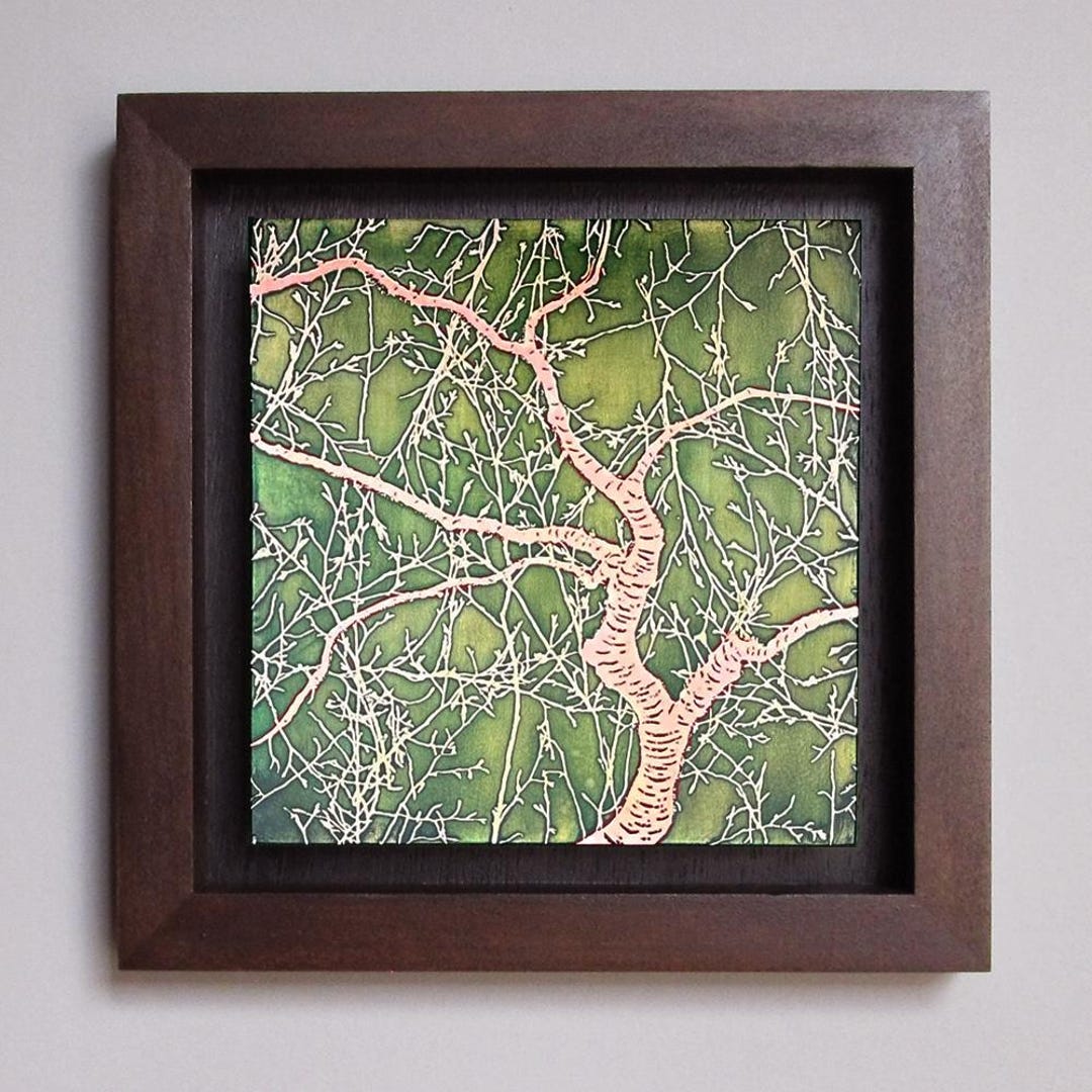 Copper Wall Art, Etched Copper Japanese Cherry Tree, Framed Wall