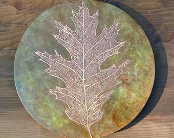 Copper Wall Art, Round Etched Oak Leaf Skeleton, Green Copper Patina, Botanical Art made to order in the USA by daartshop