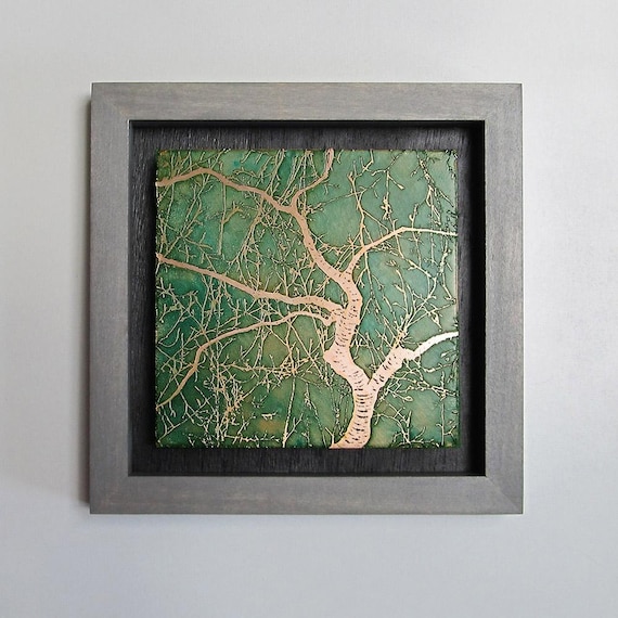 Copper Wall Art, Etched Copper Japanese Cherry Tree, Framed Wall