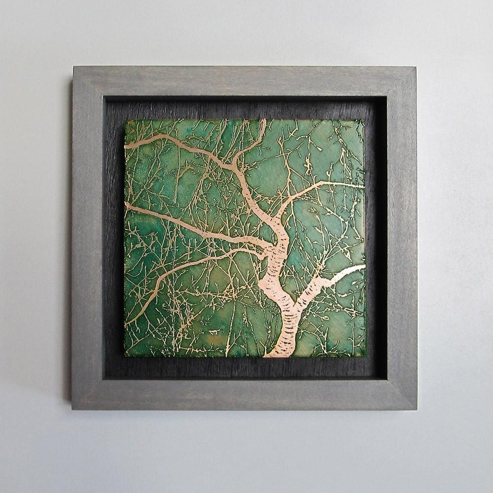 Copper Wall Art, Etched Copper Japanese Cherry Tree, Framed Wall
