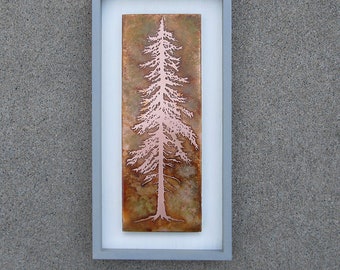 Copper Art, Etched Copper Pine Tree Framed Wall Art, 7.5"x15" Frame, Copper Wall Decor made to order by daartshop