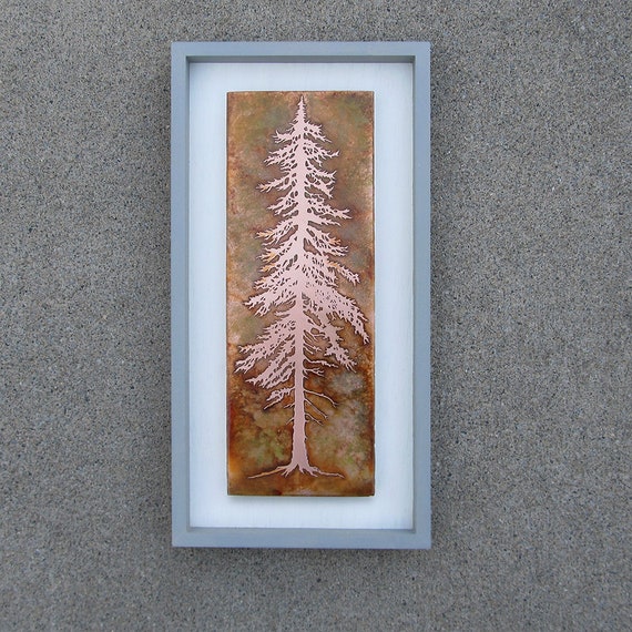 Copper Wall Art, Etched Pine Tree Framed Wall Decor, Dark Copper