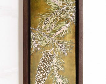 Copper Wall Art, Etched Pine Branches with Pinecone, Framed Wall Decor, Copper Patina, Nature Art made to order in the USA by daartshop