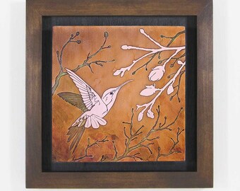 Copper Art, Etched Hummingbird, 8.5" or 11.5" Square Framed Wall Art, Copper Wall Decor made to order in the USA by daartshop