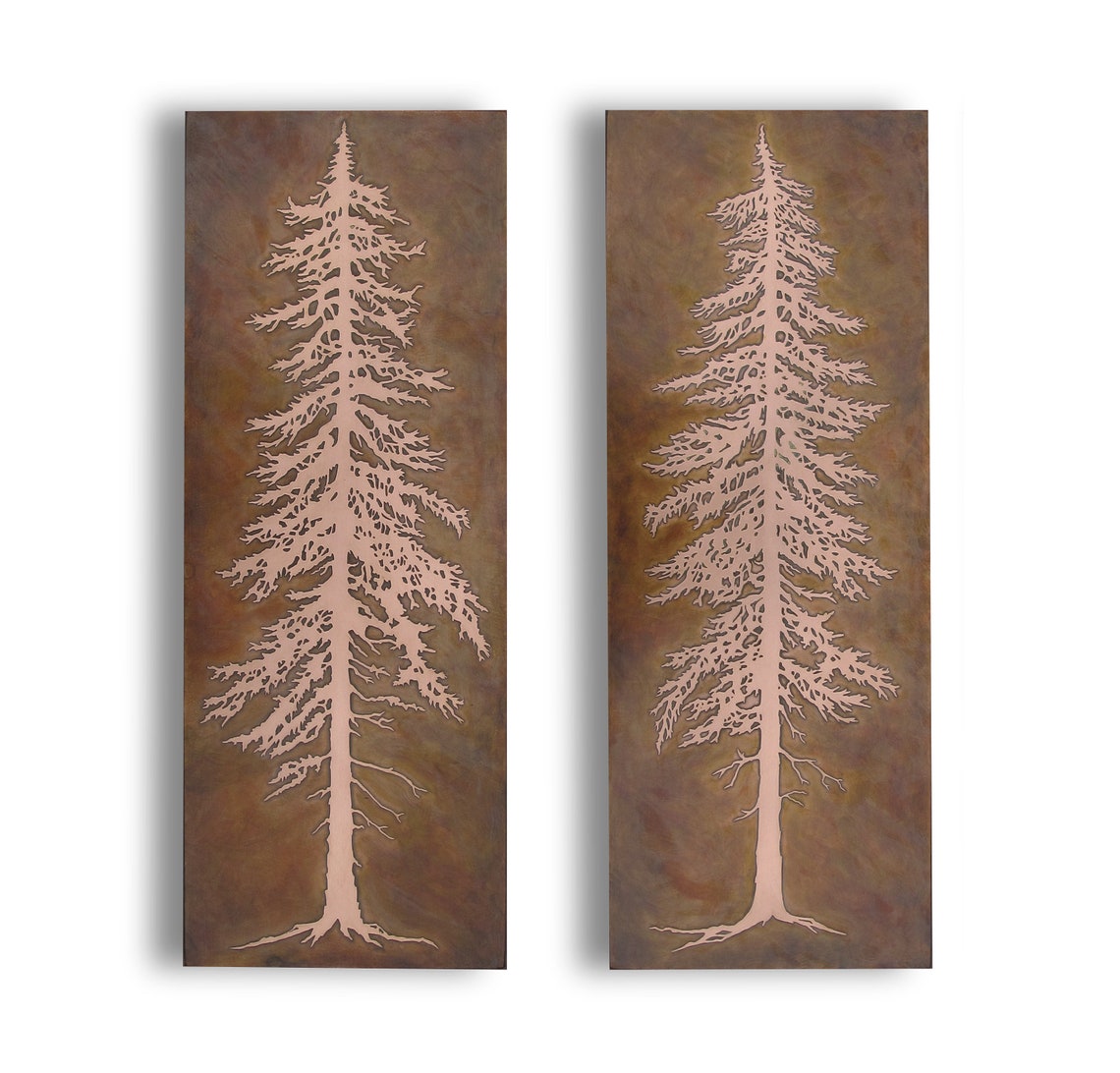 Copper Art Etched Copper Pine Tree Wall Art Set of Two Etsy