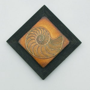 Art sur cuivre, spirale de nautile gravée 5,75&quot; carré encadré de cèdre rustique, décoration murale coquillage fabriquée sur commande aux États-Unis par daartshop