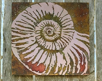 Copper Wall Art, Etched Copper Nautilus Fossil, Rustic Copper Wall Decor, Botanical Nature Art made to order in the USA by daartshop