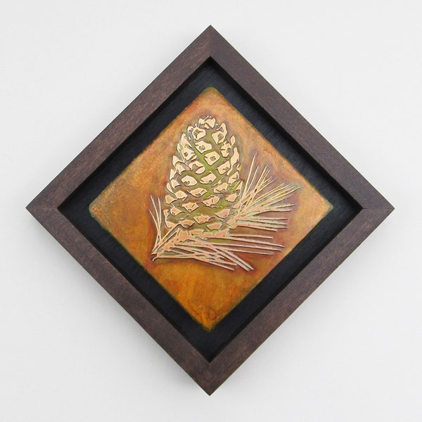 Copper Art, Etched Copper Pinecone, Box Framed Wall Art, Three Sizes, Nature Art, Copper Wall Decor made to order by daartshop