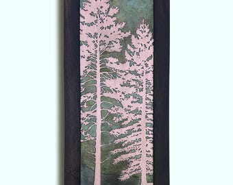 Copper Wall Art, Etched Copper Pine Trees Framed Wall Decor, 12x28 Botanical Nature Art made to order in the USA by daartshop