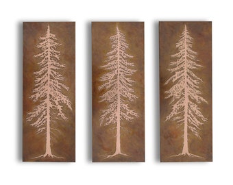 Copper Art, Etched Copper Pine Tree Wall Art, Set of Three, Copper Wall Decor, Large Copper Wall Art made to order in the USA by daartshop