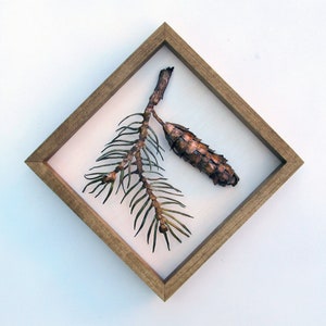 Copper Sculpture, Copper Pinecone with Copper Pine Branch, Shaped Copper Art, Framed Wall Art, made to order in the USA by daartshop