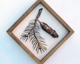 Copper Sculpture, Copper Pinecone with Copper Pine Branch, Shaped Copper Art, Framed Wall Art, made to order in the USA by daartshop