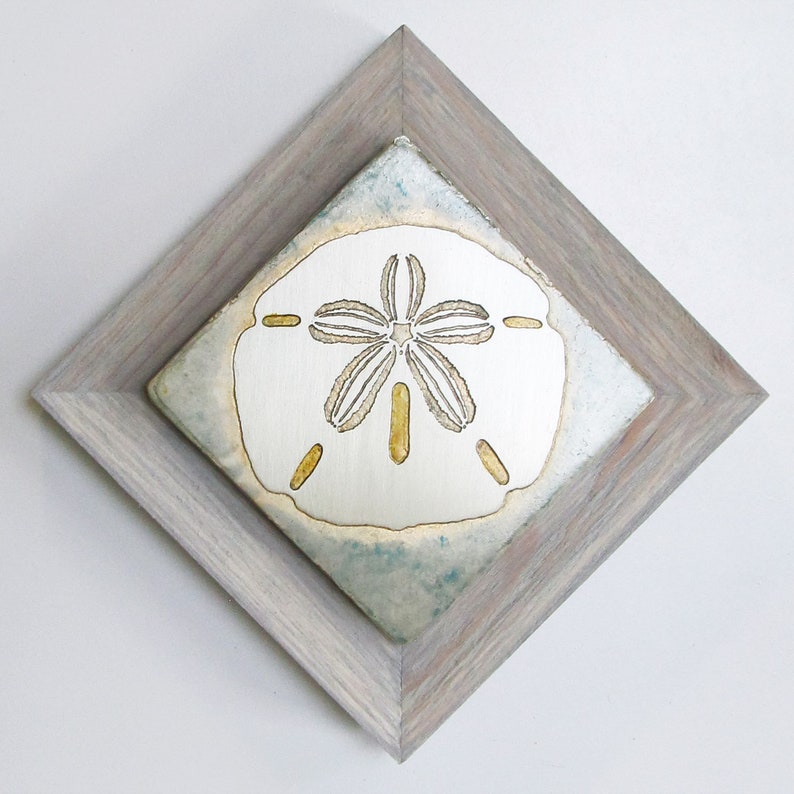 Metal Etched Sand Dollar 5.5 Square Rustic Cedar Framed Wall Art Etched Nickel Wall Decor by daartshop
