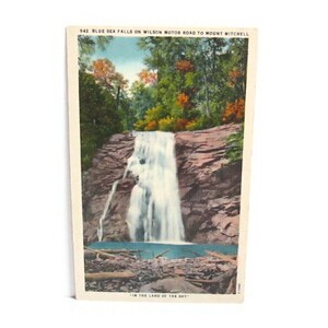 Vintage Linen Postcard Blue Sea Falls On Wilson Motor Road To Mount Mitchell