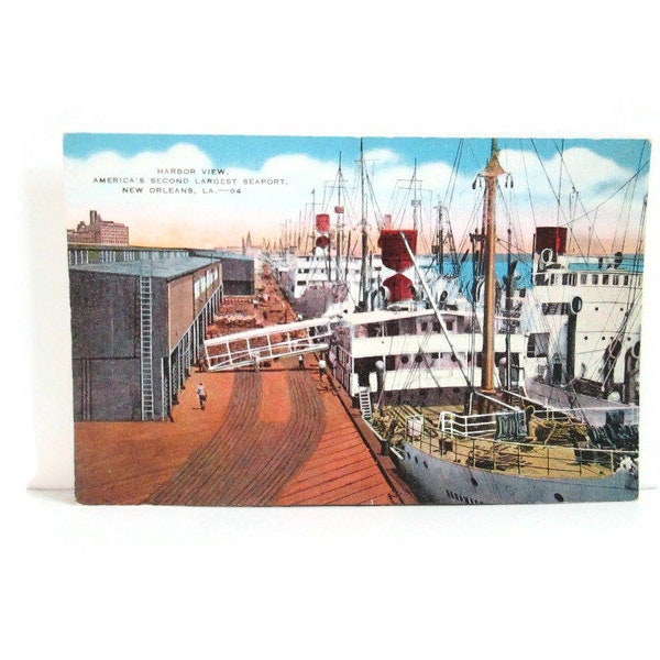 Vintage New Orleans Louisiana Linen Postcard Harbor View of America's Second Largest Seaport