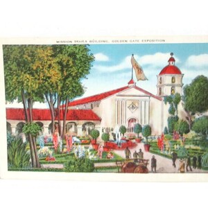 Vintage California Linen Postcard Mission Trails Building Golden Gate Exposition 1940