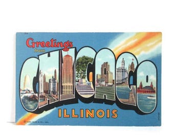 May include: A vintage postcard featuring the text Greetings from Chicago Illinois in large bold letters. Each letter contains a colorful illustration of Chicago city landmarks, including skyscrapers, parks, and waterfront views against a blue sky.