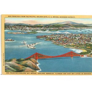 Vintage California Linen Postcard Golden Gate Bridge Business District San Francisco Oakland Bay Bridge Berkeley Alameda, East Bay Cities 41