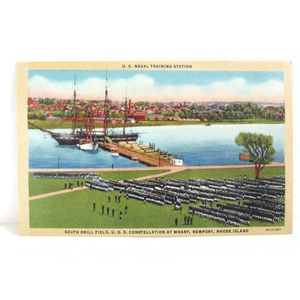 Newport Rhode Island Vintage Linen Postcard U. S. Naval Training Center South Drill Field U. S. S. Constellation at Wharf