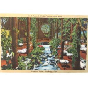 May include: Vintage postcard featuring a scenic view of the Brook Through World Famous Dining Room at Brookdale Lodge, Brookdale, Calif. The image shows a dining area with tables, a stream, and a bridge surrounded by trees. The postcard has a cream-colored border.