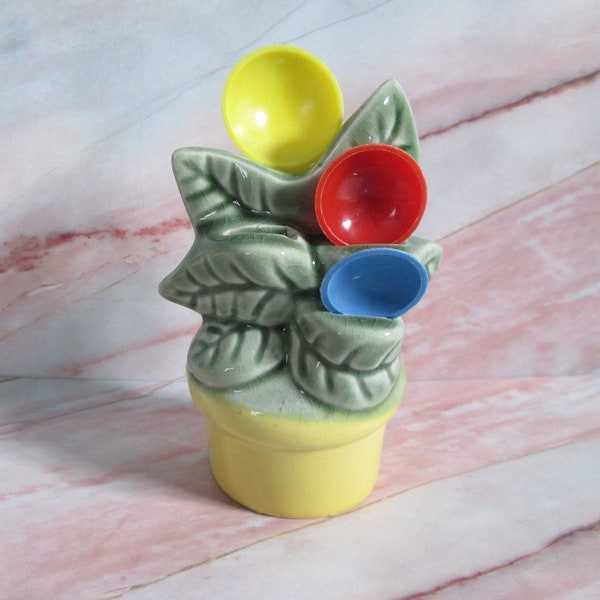 Vintage Ceramic Flower Pot Measuring Spoons Holder Mid Century Retro Kitchen Decor