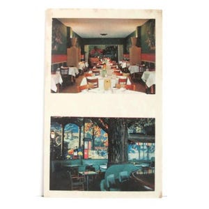 May include: Vintage postcard featuring two interior restaurant scenes. The top image shows a long dining room with tables set for a meal. The bottom image depicts a dining area with a large tree and stained glass windows.